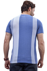 Blue & White Striped Textured Crew T-Shirt